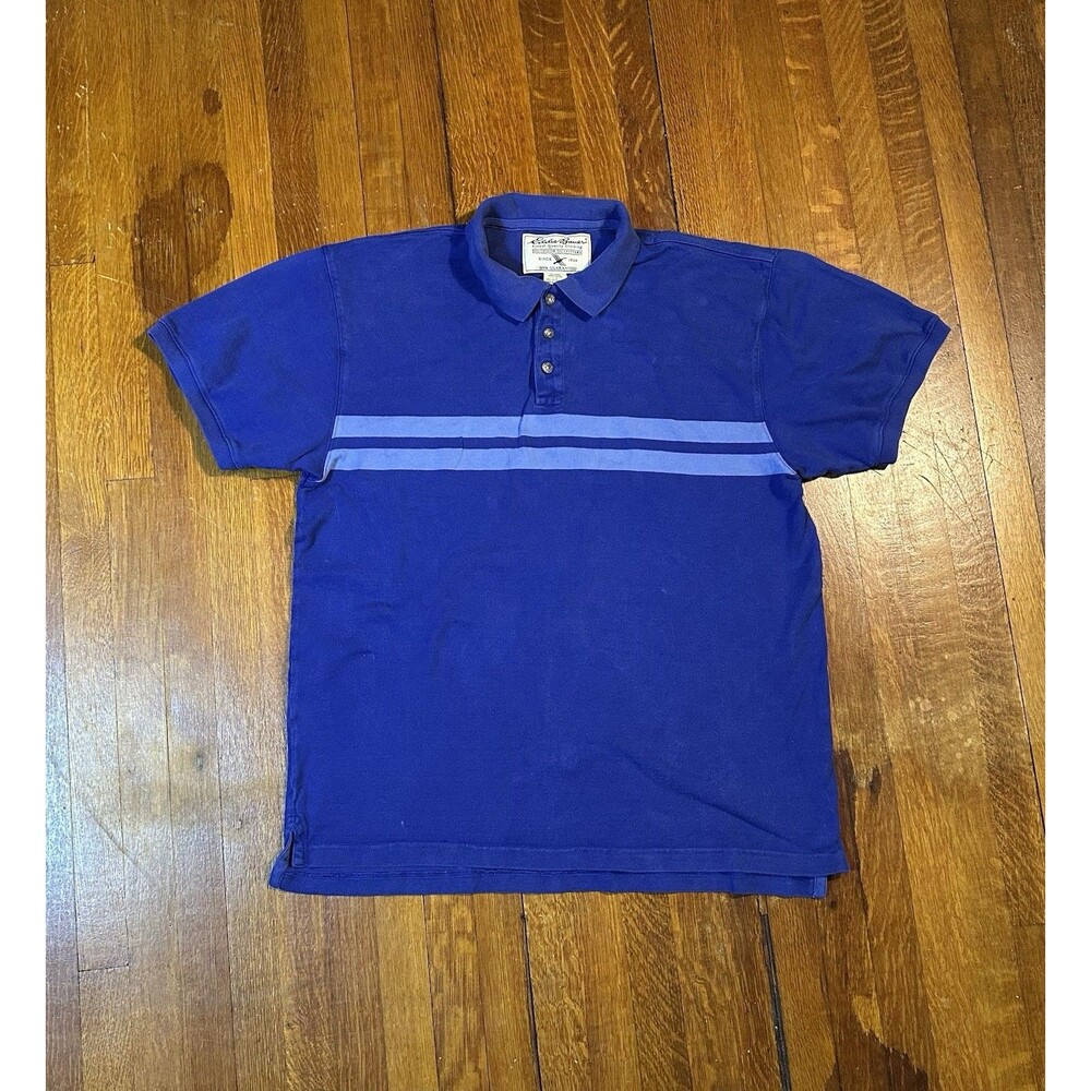 Vintage Eddie Bauer Shirt Mens Large Blue Stripe Polo 100% Cotton